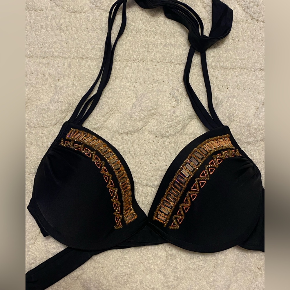 BIKINI TOP | black and gold jeweled push up bikini halter top size XL